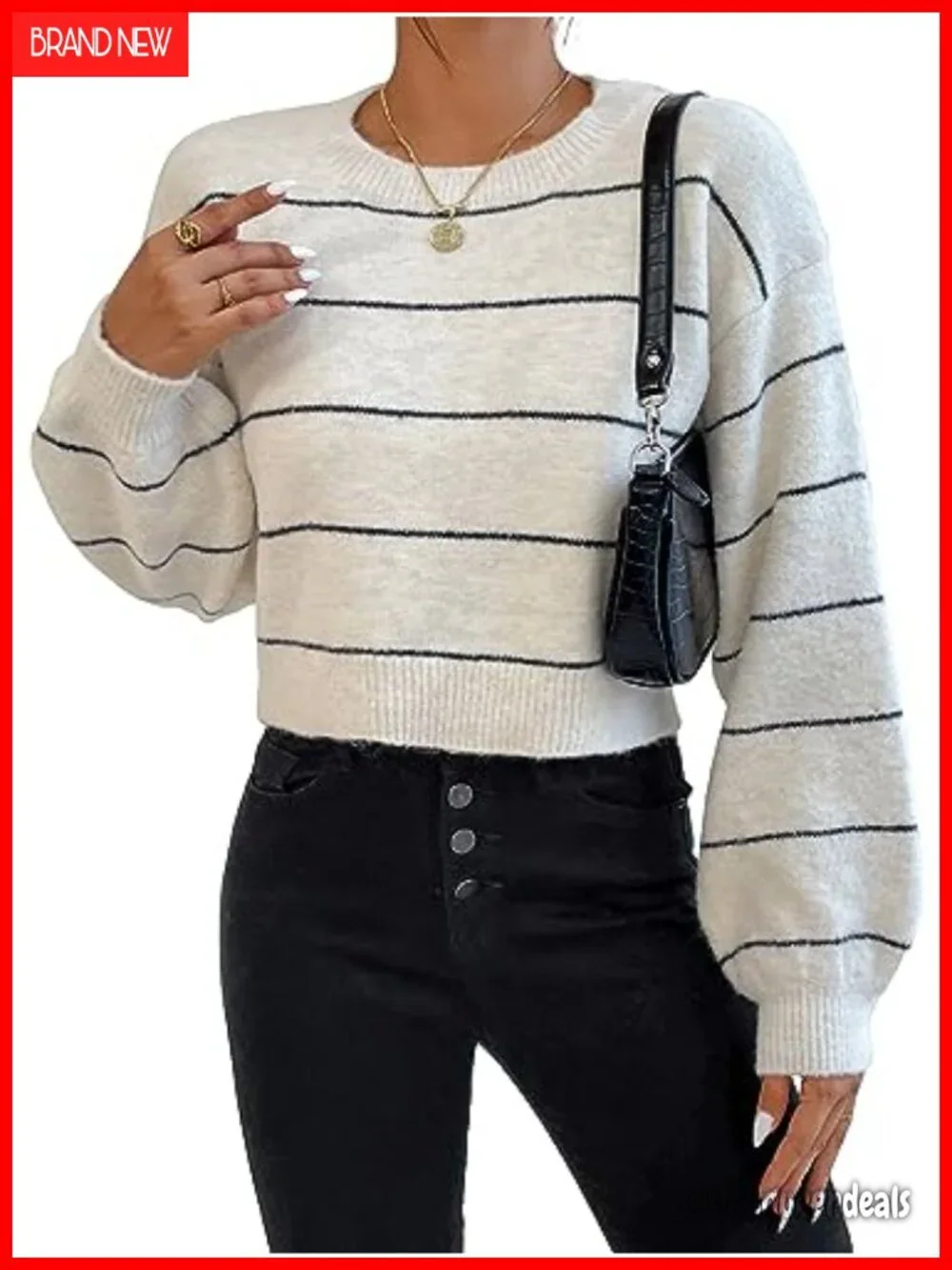 Striped Drop Shoulder Crewneck Soft Cropped Sweater Pullover Knit Top
